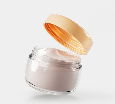 3d glass jar with cream, cosmetic transparent container mock up isolated render icon. Realistic open clear package with beige lid and white beauty skincare product, serum or lotion. 3D illustration